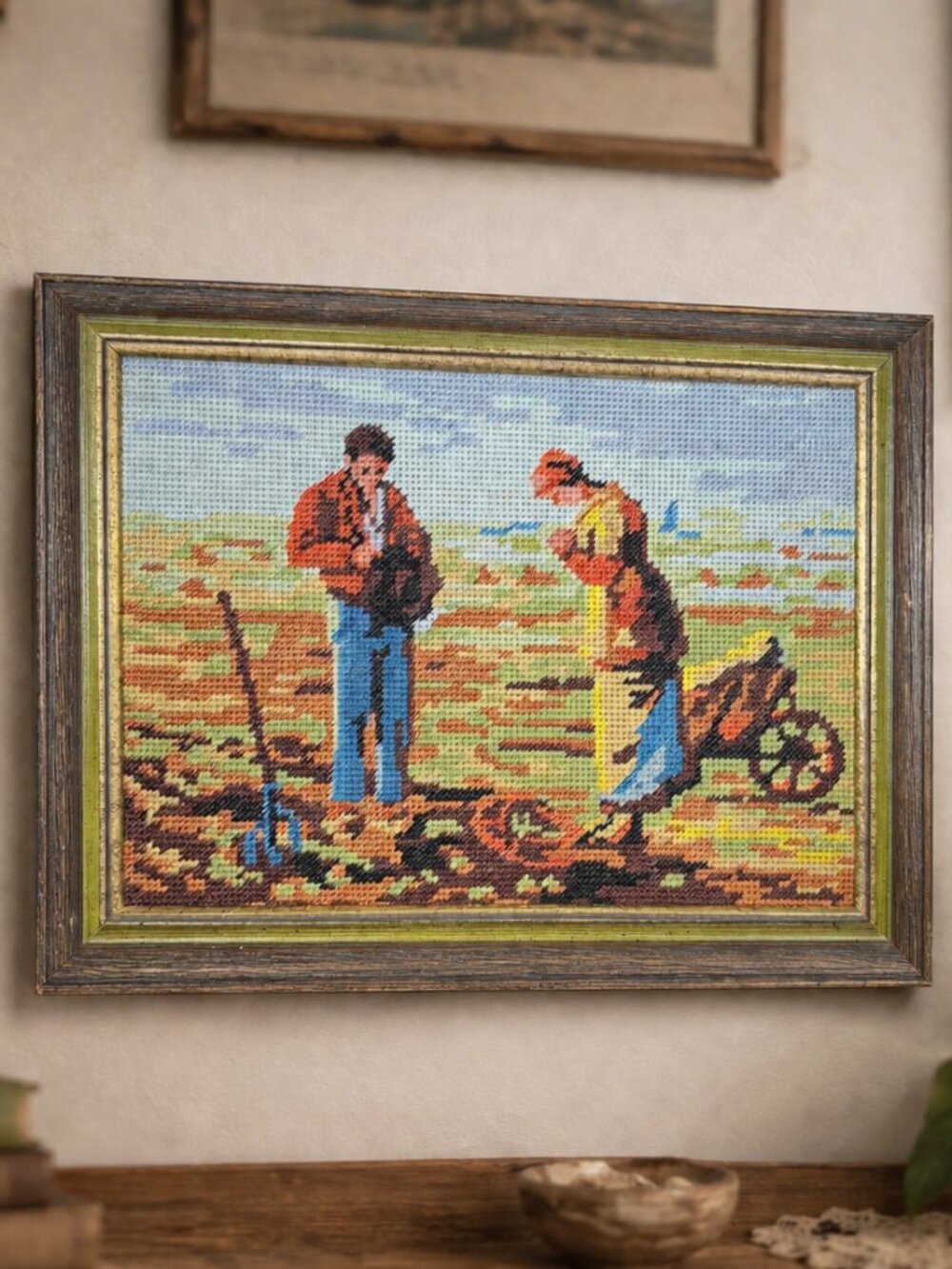 Vintage Needlepoint The Angelus after Millet Prayer Scene Painting, Embroidery